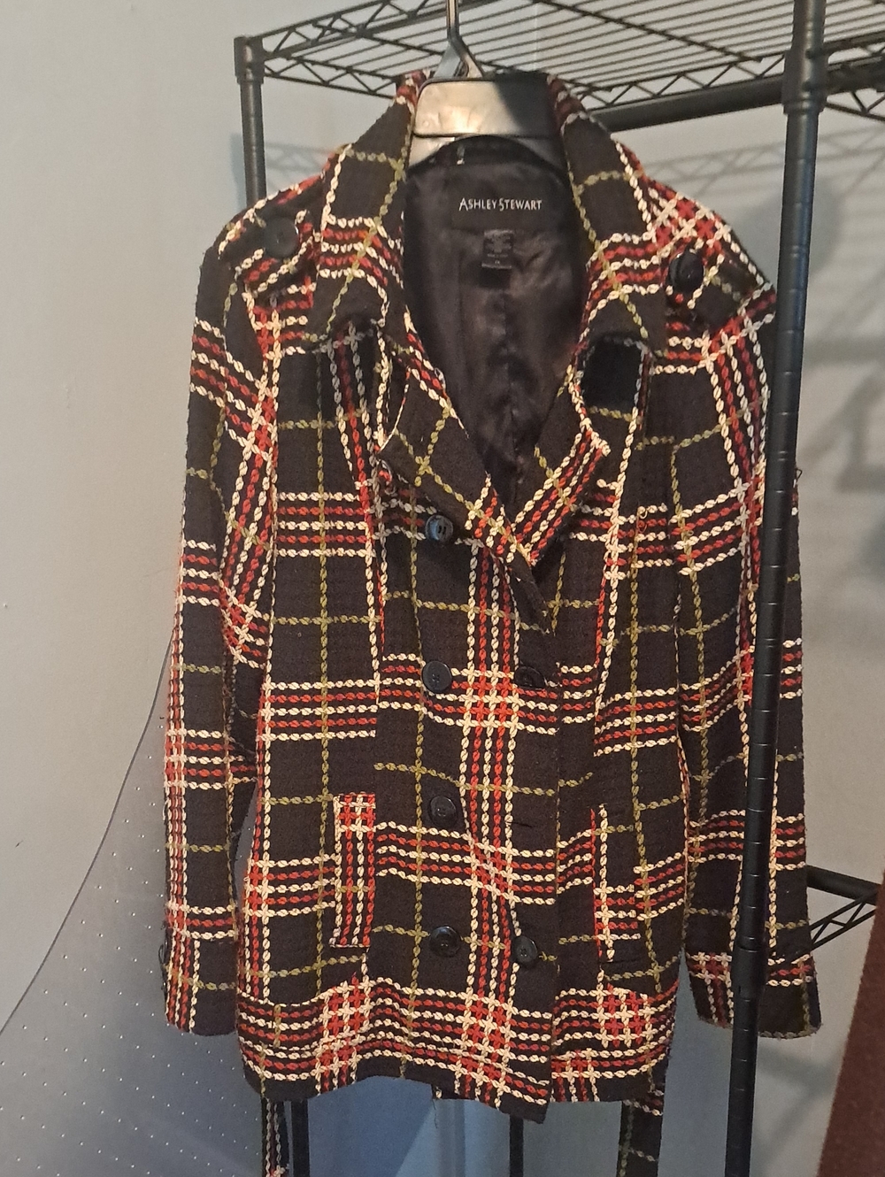 Ashley Stewart Black Plaid Peacoat with Red and Yellow Windowpane